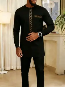 2 Piece Men's Suit Muslim Style Round Neck Long Sleeve Embroidery Design Kaftan Kurta African Men's Casual Suit Wedding Holiday Party Business Ramadan Gift Men's Traditional Clothing