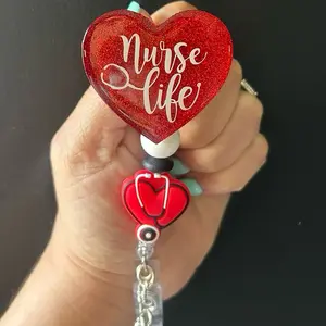 Candidly Heart Badge Reel - Nurse Life Two-Tone, 2” Acrylic Heart, Metal Alligator Clip, 360-Degree Rotation, Hand Glittered Finish Nursing Students