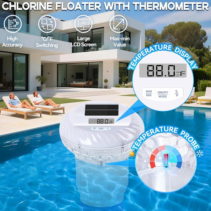 2025 Upgraded Pool Chlorine Floater with Thermometer,Digital Screen Solar Chlorines Floaters with Light, Chlorine Floater with Adjustable Release,Floating chlorines Dispenser for Pool,Hot Tub