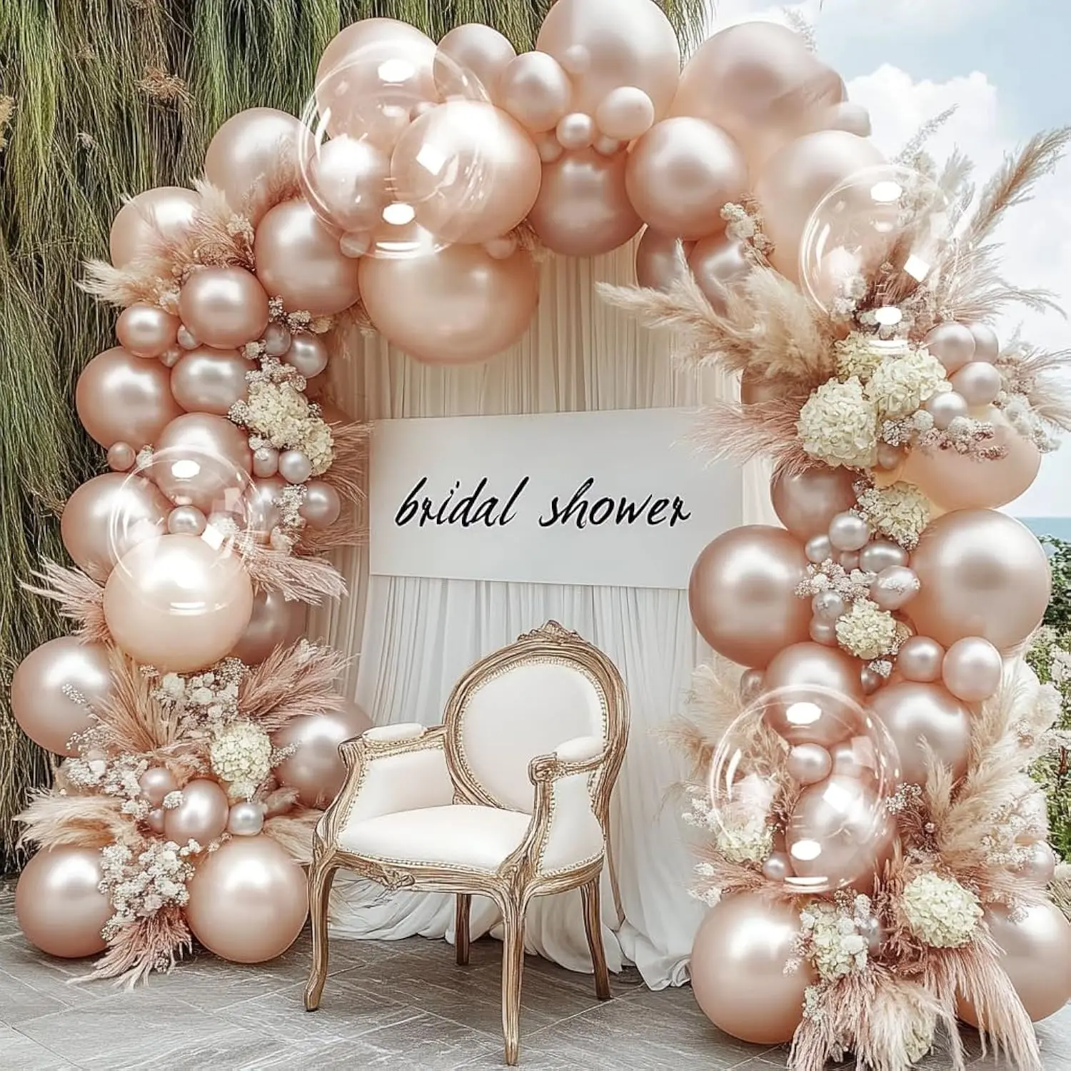 Pearl Balloon Arch Kit with Rose Pink Metallic & Bobo Balloons for Wedding, Baby Shower Decor