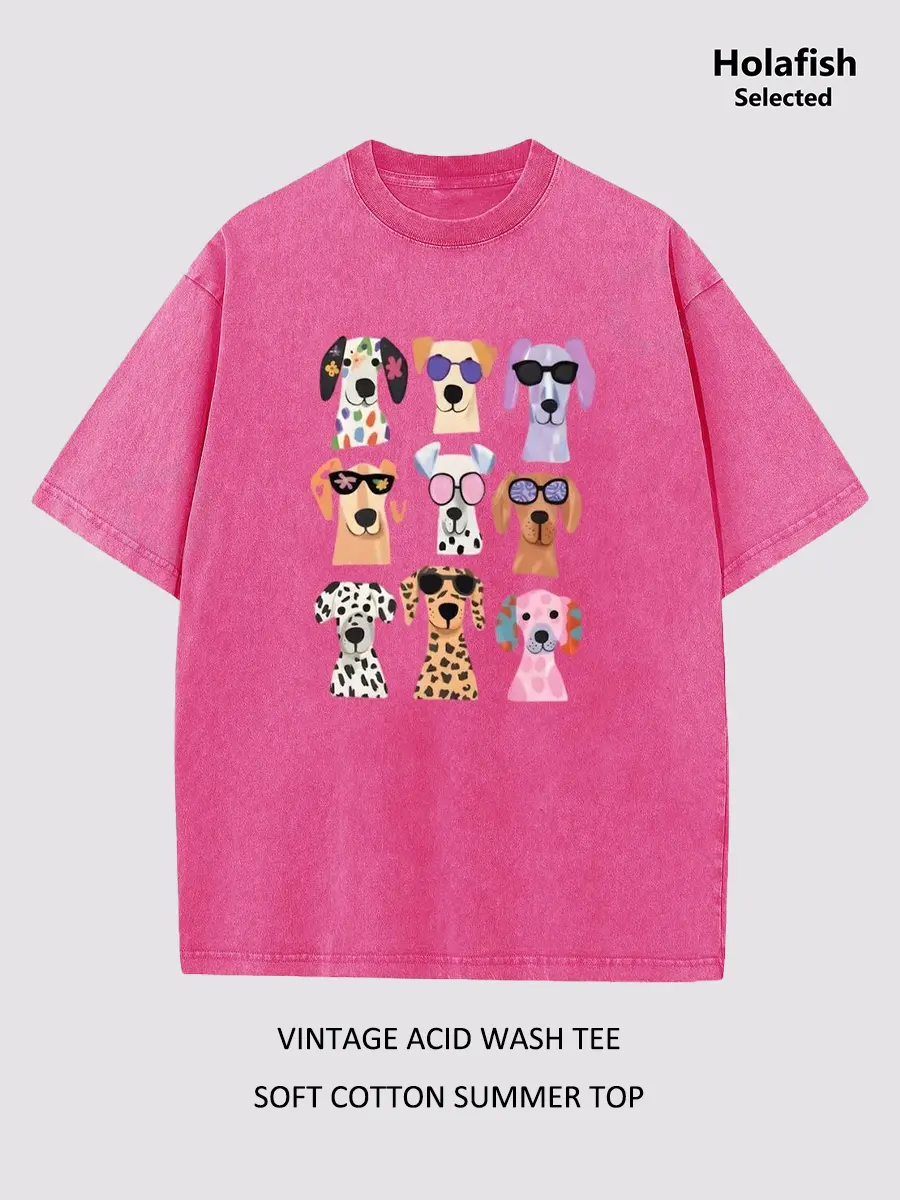 Holafish Women's Vintage Acid Wash Tee with Cute Funny Dog Graphic, Soft and Breathable Cotton, Loose Casual Style, Essential for Everyday Wear and Versatile Summer Outfits    （Translation note: The original text contains multiple product features and sty