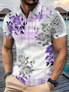 Men's Rose Floral Polo Shirt, Loose-Fit Short Sleeve T-Shirt, Breathable Elastic Fabric, Casual Summer Fashion, Youth Trendy Slim Fit