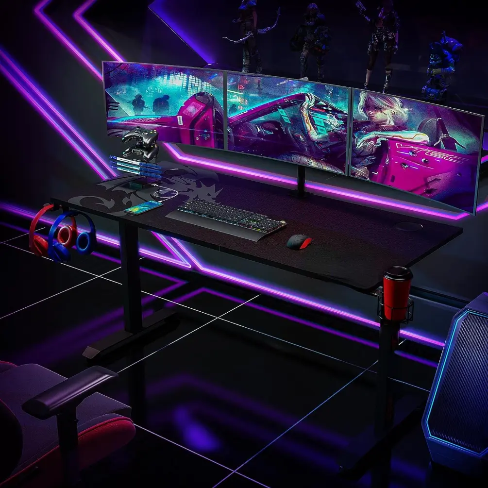 Gaming Desk 60 INCH, T- Shaped Carbon Fiber Surface Computer Desk with Full Desk Mouse Pad, Ergonomic E-Sport Style Gamer Desk with Double Headphone Hook, USB Gaming Rack, Cup HolderStylish and cool game table