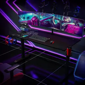 Gaming Desk 60 INCH, T- Shaped Carbon Fiber Surface Computer Desk with Full Desk Mouse Pad, Ergonomic E-Sport Style Gamer Desk with Double Headphone Hook, USB Gaming Rack, Cup HolderStylish and cool game table
