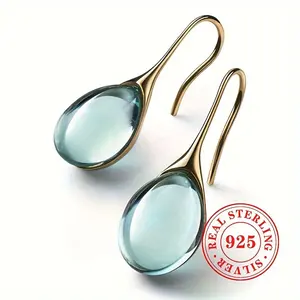 [Vintage Style S925 Earrings] 1 Pair S925 Sterling Silver Vintage Style Earrings - Synthetic Sea Blue Gemstone Dangle, March Birthstone, Daily & Party Wear, All Seasons Compatible Fashion Jewelry for Women Gift