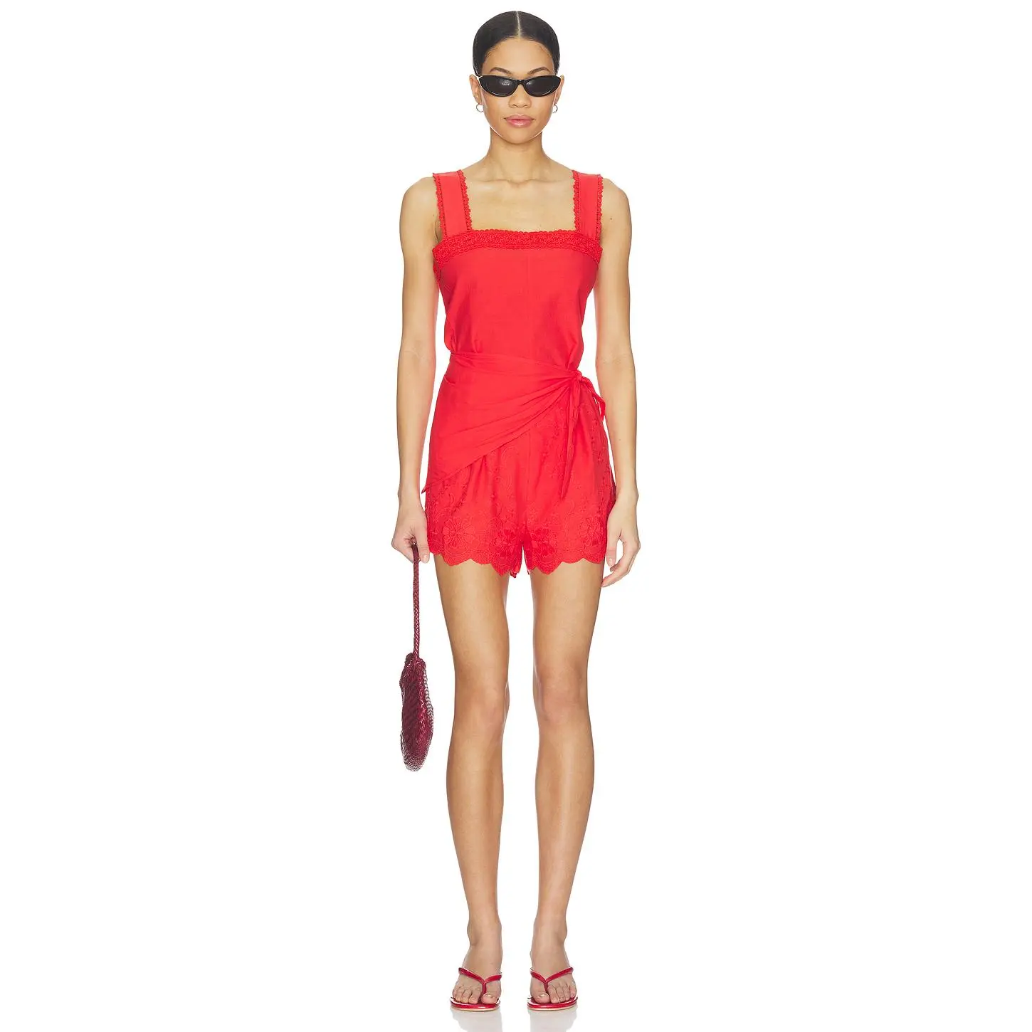 Line & Dot Rou Romper in Red