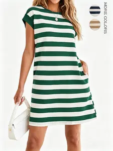 Aswulk Women's Striped T-Shirt Dress-Crewneck Cap Sleeve Casual A-Line Summer Dress with Pockets