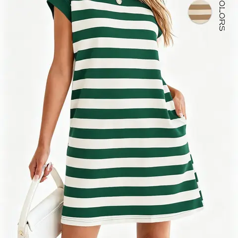 Aswulk Women's Striped T-Shirt Dress-Crewneck Cap Sleeve Casual A-Line Summer Dress with Pockets