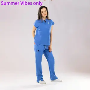 Eadflie Scrubs for Women Set | Sleeveless Stand Collar Top & Straight Leg Pants | 9 Pockets Yoga Waistband Medical Uniform
