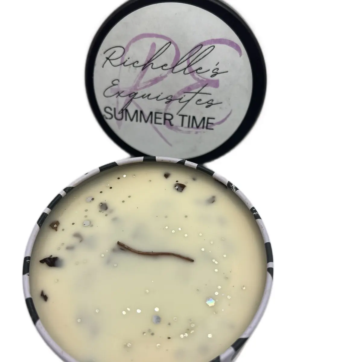 SUMMER TIME HAND POURED SOY CANDLE WITH WOODEN WIC, ROSES,AND GLITTER