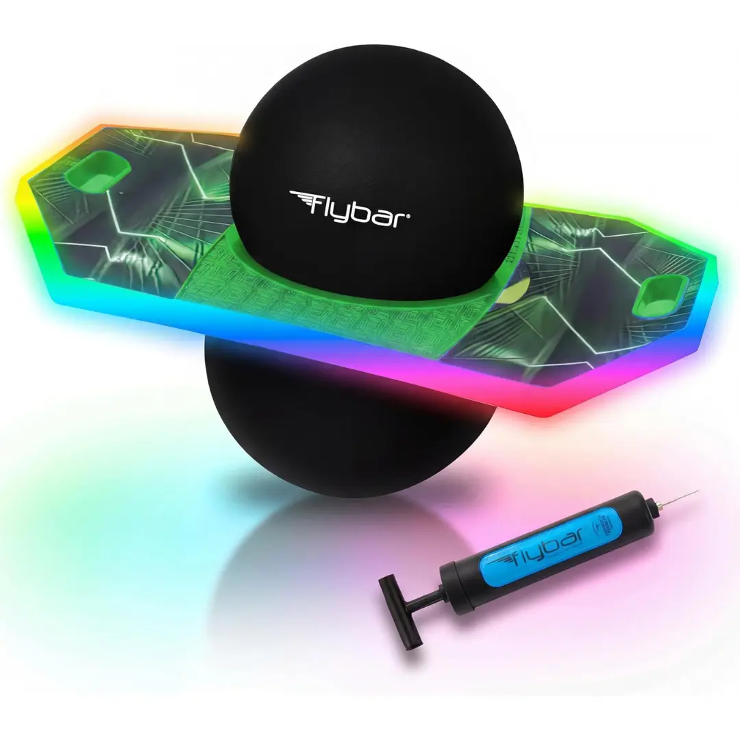Flybar Pogo Trick Ball for Kids - Anti-Slip Balance Bounce Board with Pump, 160 lbs Capacity, Retro 90s Toy, Cool Gifts for Kids, Indoor & Outdoor Active Play, LED Light-Up Option (Lime Reaper & Retro Rocket)