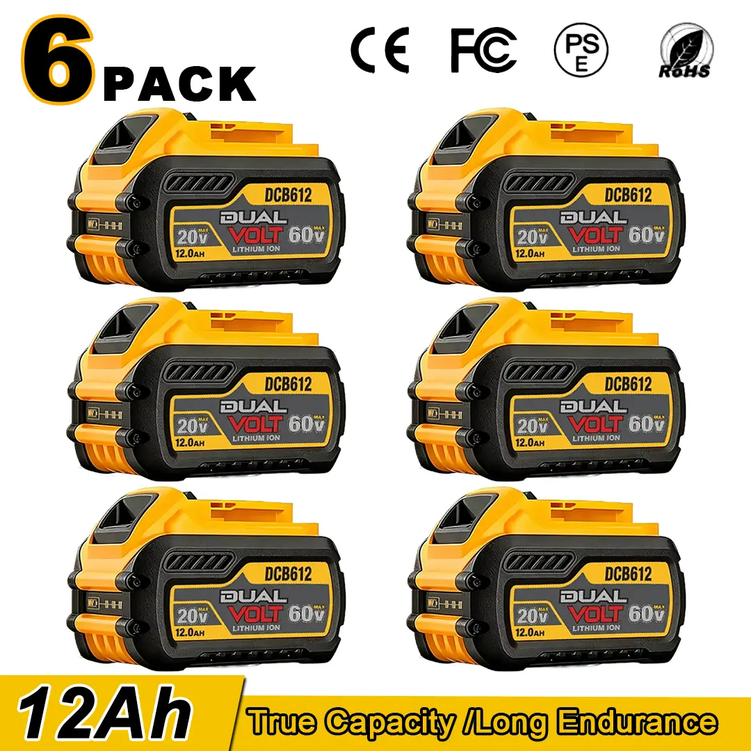 6-PACK 20V/60V MAX Battery 12.0-Ah Lithium-ion Battery Power Tool Battery Compatible with Dewalt, Multi-Purpose Rechargeable Battery Long-Lasting Performance durable construction