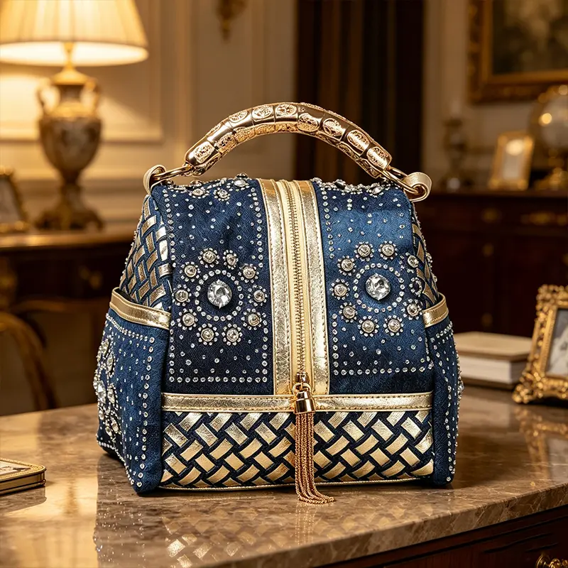 New women’s woven bucket bag with decorative tassels; denim woven small bag with diamond inlay, handheld, single-shoulder or crossbody strap, with a detachable shoulder strap and buckle closure; multifunctional bag suitable for Western, casual, and party