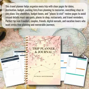 A 70-page travel planning handbook and journal  portable itinerary checklist template, including daily diary, date, destination, budget, packing list, and other features, spiral-bound, designed specifically for travel planning