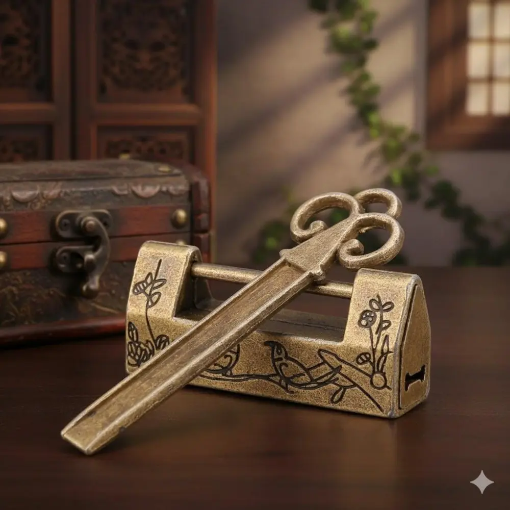 Antique Brass Padlock, Medieval Style Handcrafted Lock for Jewelry Box, Suitcase, Cabinet. Vintage Home Decor, Wedding Decor, Furniture & Bag Security Lock. Decorative Antique Brass Hardware for Display Case, Drawer, Collectible Gift.