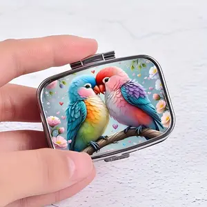 Love Birds Pill Case with Mirror, Colorful Watercolor Style, Double Compartment Portable Plastic Pill Organizer, Travel Pill Box for Daily Medication