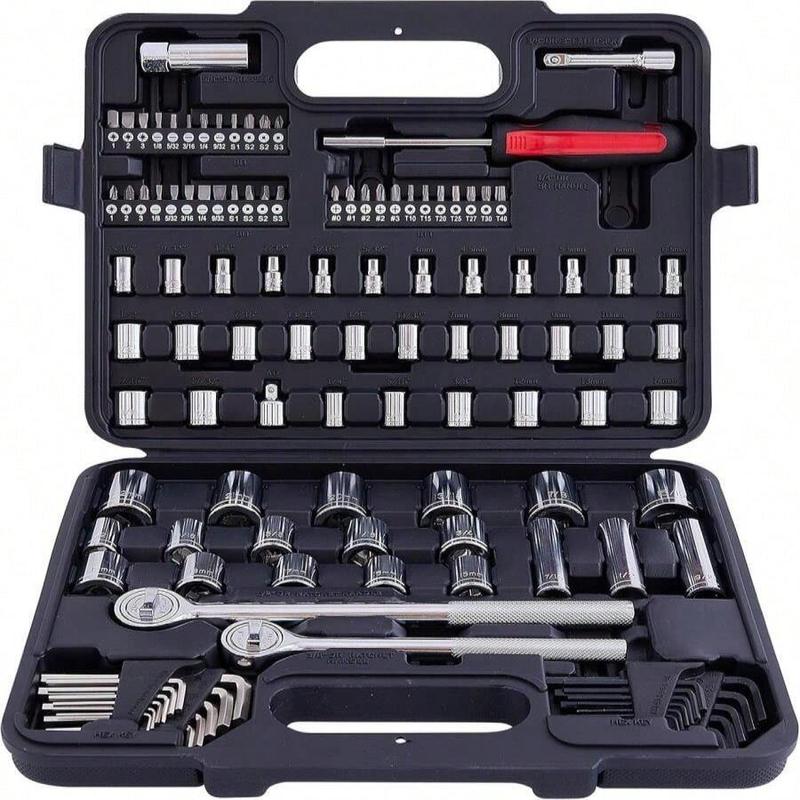 VEVOR 121-Piece Mechanics Tool Set – SAE/Metric Sockets, Wrenches, Ratchets In 1/4, 3/8, 1/2 Drive With Storage Case