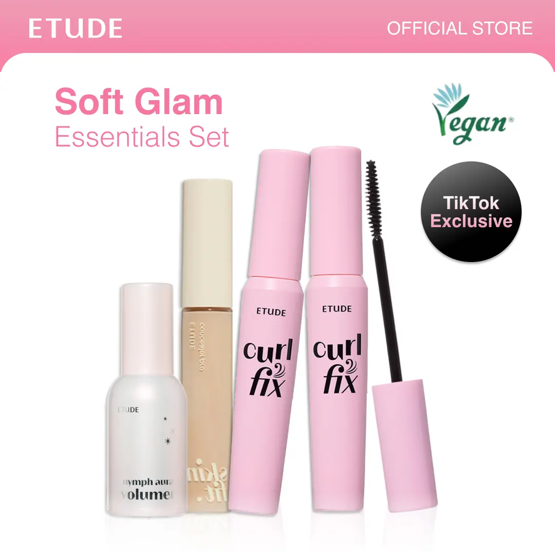 [ETUDE Official] Soft Glam Essentials Set | Kpop Idol Make up | Curl Fix Mascara BOGO(#01 BLACK or #04 Volume) + Nymph Aura Volumer + Big Cover Skin Fit Concealer Pro Set | Waterproof Mascara | Clean Girl Makeup set | Hell Mascara