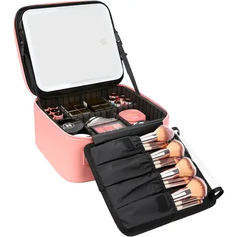 Makeup Case with LED Mirror, Travel Makeup Organizer with Adjustable Dividers & Brush Holder, PU Leather Portable Vanity Makeup Bag, 3 Color Lighting Modes, Adjustable Brightness, Christmas Gift for Women, Friends & Family