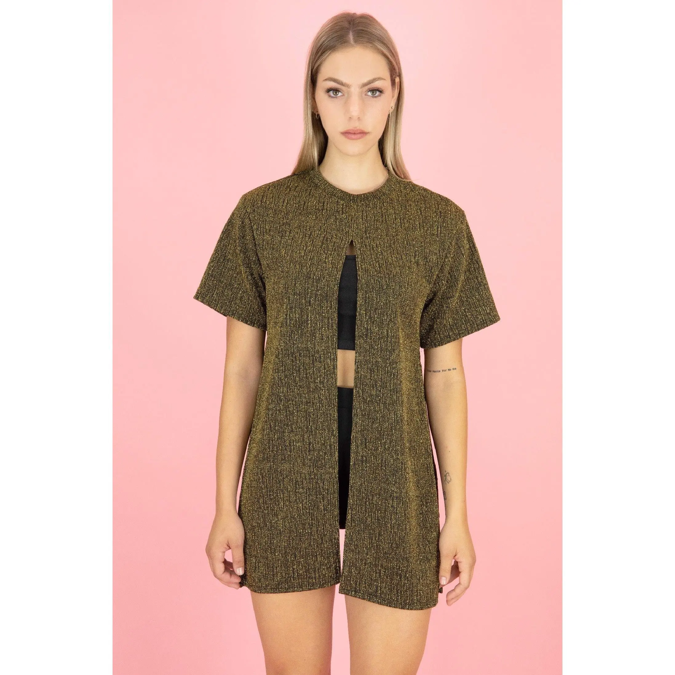 Glitter metallic all side open slit longline coverup short sleeve top in gold