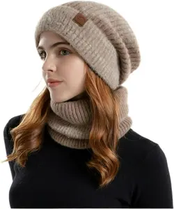 Polyester Thermal Earmuff Hat and Scarf Set - Double-Layer Knitted Beanie with Ear Flaps and Matching Neck Gaiter for Skiing and Snowboarding Women Fashionable Warm