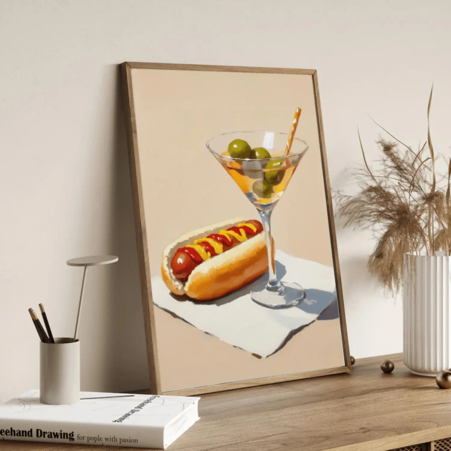 2D Borderless Minimalist Decorative Wall Art Poster - Fade Resistant, Waterproof, Features Hot Dog & Dirty Martini Prints - Unframed Home Decor for Living Room, Bedroom - Ideal Gift for Food Enthusiasts, Graphic, Holiday