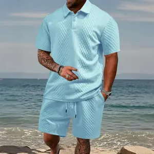 #SummerVibes Men's 2 Piece Summer Set Textured Polo Shirt & Shorts Matching Outfit Casual Short Sleeve Button Down Beach Vacation Wear Luxury Old Money Aesthetic Lightweight Breathable Soft Knit Holiday Resort Streetwear Size S-XXL