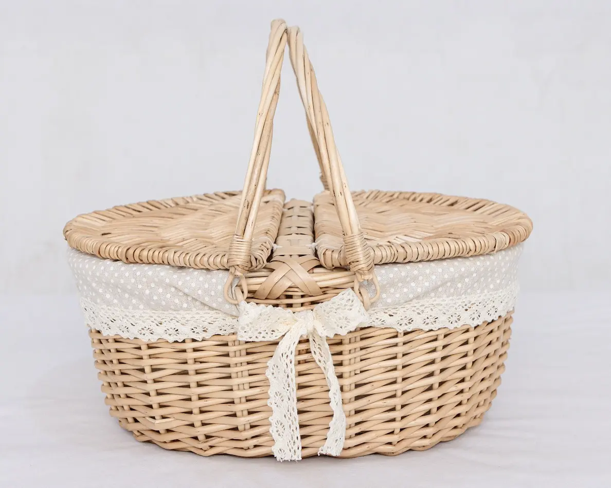 Vintage Wicker Picnic Basket with Lace Liner: Handwoven Farmhouse Hamper