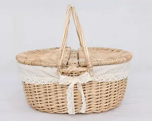 Vintage Wicker Picnic Basket with Lace Liner: Handwoven Farmhouse Hamper