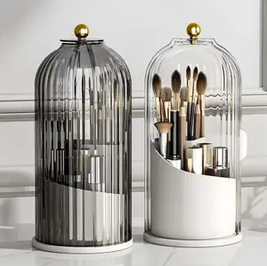 360° Rotating Makeup Brush Storage Box with Sliding Lid & Dust-Proof Transparent Cover for Dressing Tables Bathrooms & Offices Beauty Organizer （white））