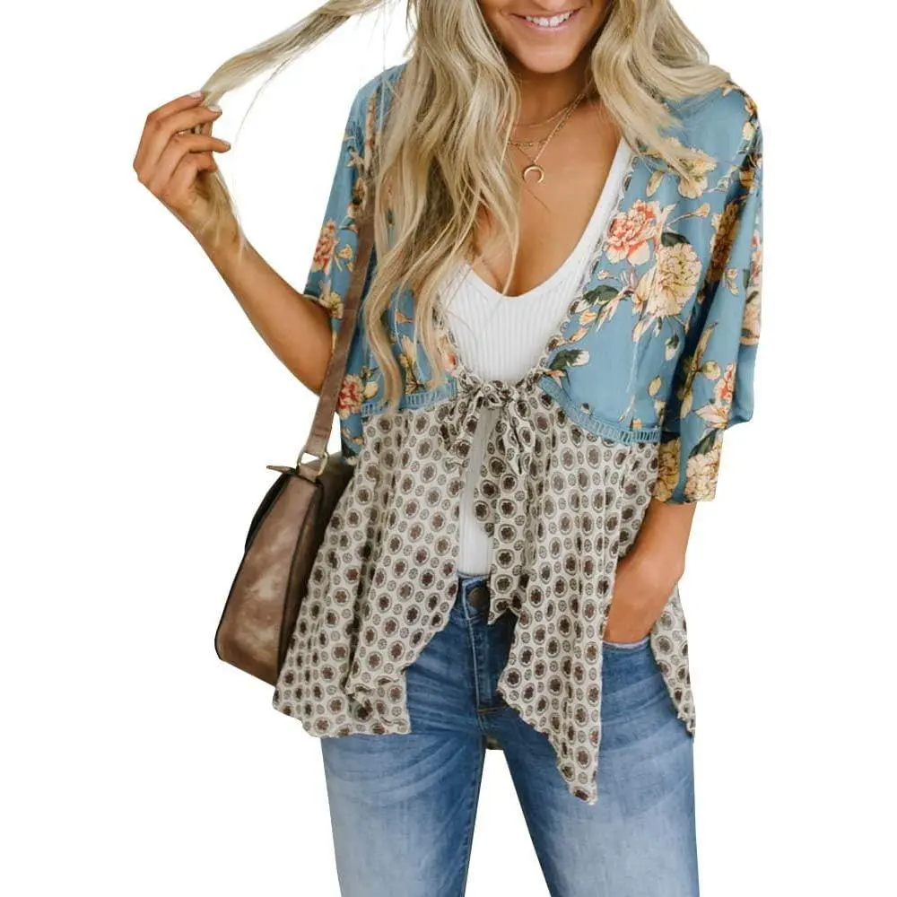 Fessceruna Women Floral Kimono Cardigans 3/4 Ruffle Sleeve Lightweight Patchwork Flowy Boho Tie Loose Cover Ups