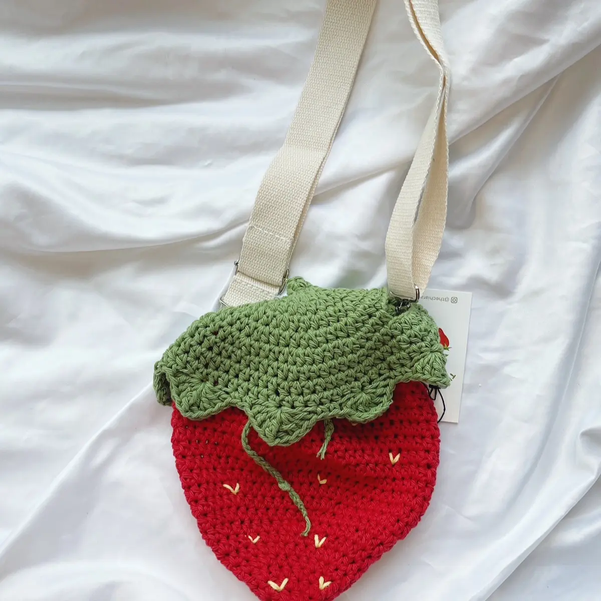 Strawberry Drawstring Crochet Cotton Bag