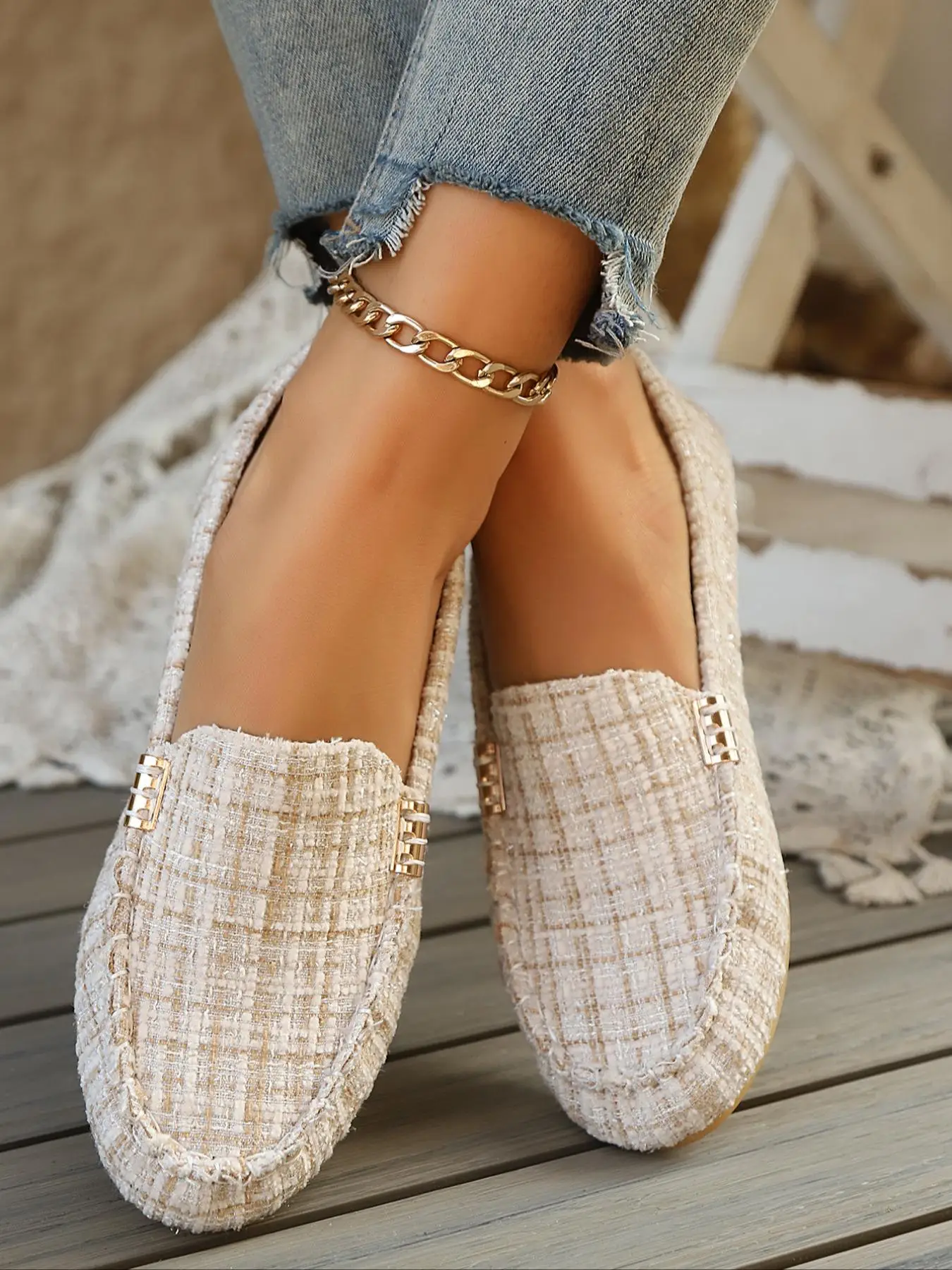 Women's Fashionable Plaid Pattern Slip on Flats, Casual Comfortable Flat Shoes for Daily Wear, Lightweight Breathable Shoes for Women & Girls