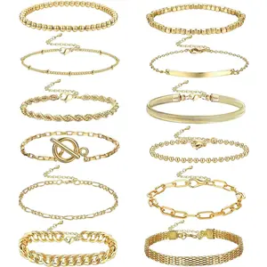 Drperfect 12counts Chain Bracelets Set for Women Link Chain Bracelets Boho Stackable Bracelets Paperclip Cuban Cuff Bangle Beaded Layered Link Chain Bracelets Set Daily