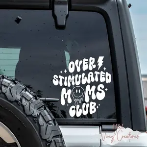 Over stimulated moms club decal, Mama decal, Retro stickers, Smiley face decal, Lightning bolt, Moms club, Car decal, Vinyl decal