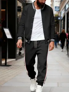 Men's Multi-Color Baseball Jacket Set, Striped Patchwork Sport Two-Piece, Fall Winter Vintage Casual Outerwear, Medium Thickness