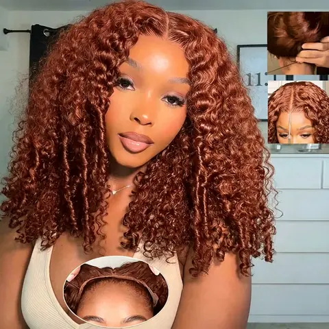 Women's 13x6 Lace Frontal Pure Human Hair Wig - Burgundy-Reddish Brown Burmese Curly, Glueless Bling, Pre-Cut Pre-Plucked, 180% Density Thick, Drawstring Strap Lightweight, Easy-Remove Durable, Ready-To-Wear Lace Wear Wig