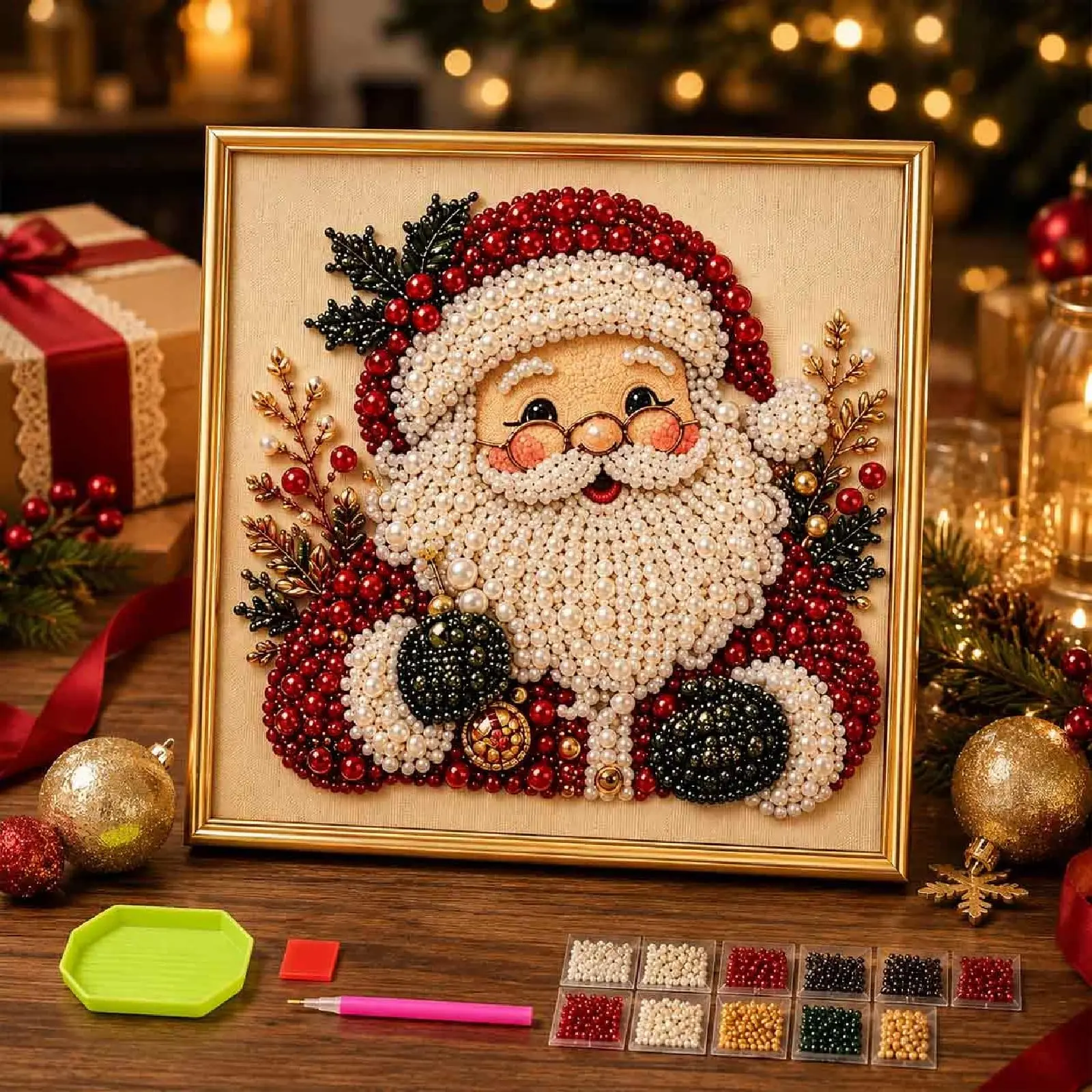 DIY Christmas 3D Beaded Christmas Pearl Diamond Painting, Xmas Wreath Stocking Mosaic Art, Stress Relief DIY Home Wall Decoration