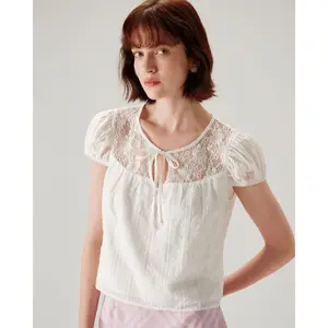 rihoas Women's Chic Elegant White Lace Puff Sleeve Cotton-Spandex Round Neck Lady T-Shirt Top,summervibes