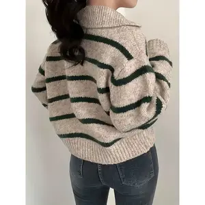 Women's Fitted Striped Long Sleeve Sweater, Casual Thick Knit Pullover for Fall & Winter, Loose Fit Ribbed Design, Knitwear