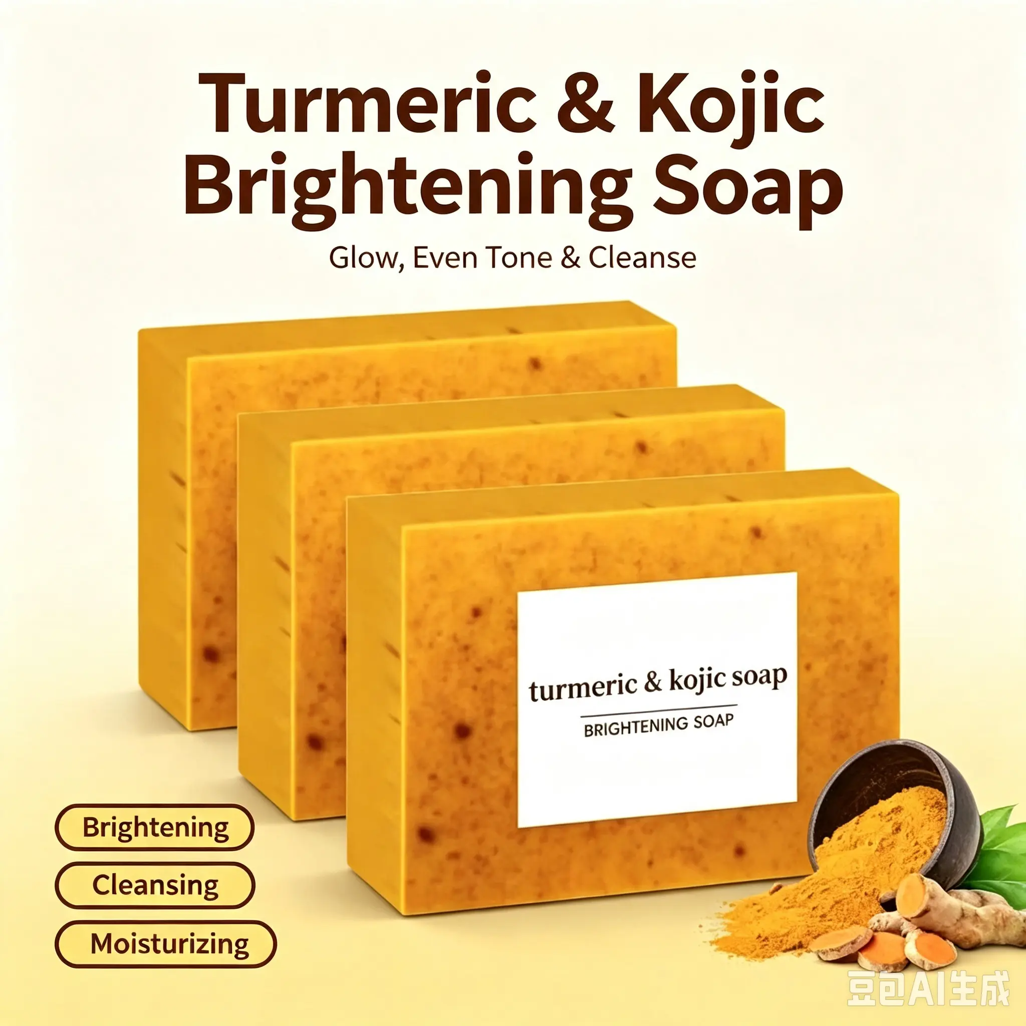 Kojic Acid Turmeric Brightening Soap Bar with Shea Butter & Vitamin C, Vegan Paraben-Free Gentle Cleanser for Face, Body, Armpits & Intimate Areas