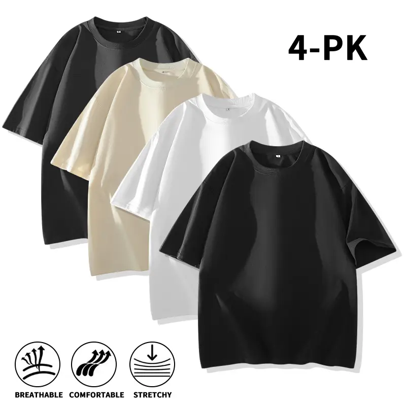 Classic Minimal Solid Color 4-Pack Men Soft Cotton Crew Neck Short Sleeve Tees Comfort Stretch Breathable Loose Oversized Fit Basic Plain Shirts Easy To Match Shorts Pants Jeans All Summer Long Wear. Available as a 4-pack or a 2-pack.