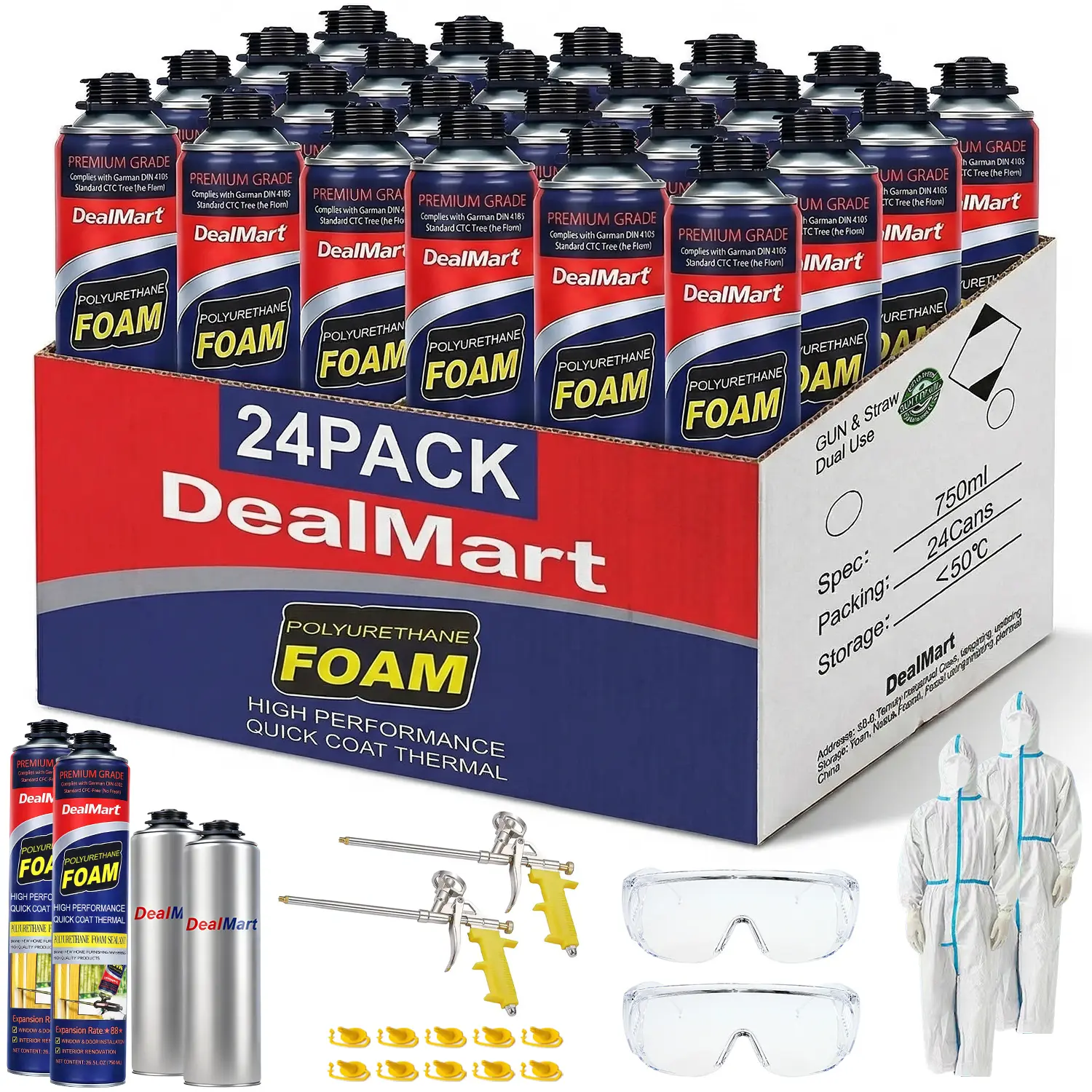 DIY Closed Cell Wide Spray Foam Insulation Kit (24-Pack, 24x26.5 oz/480 Board Ft) - Self-Expanding Polyurethane, R-Value 5.66, Includes Gun, Foam Cleaner & Goggles, Seals Gaps, for Walls/Attic, Ideal for Contractors, Garage Doors, Trailers