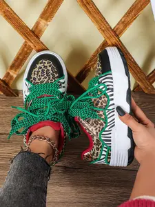 New Fashion Retro Leopard Print Thick Sole Women's Casual Sports Shoes, Sporty Running Fashion, Comfortable Breathable Low Top Lace-Up Couple Running Shoes, Workout Sneakers, Running Sneakers, Running Athletic Shoes
