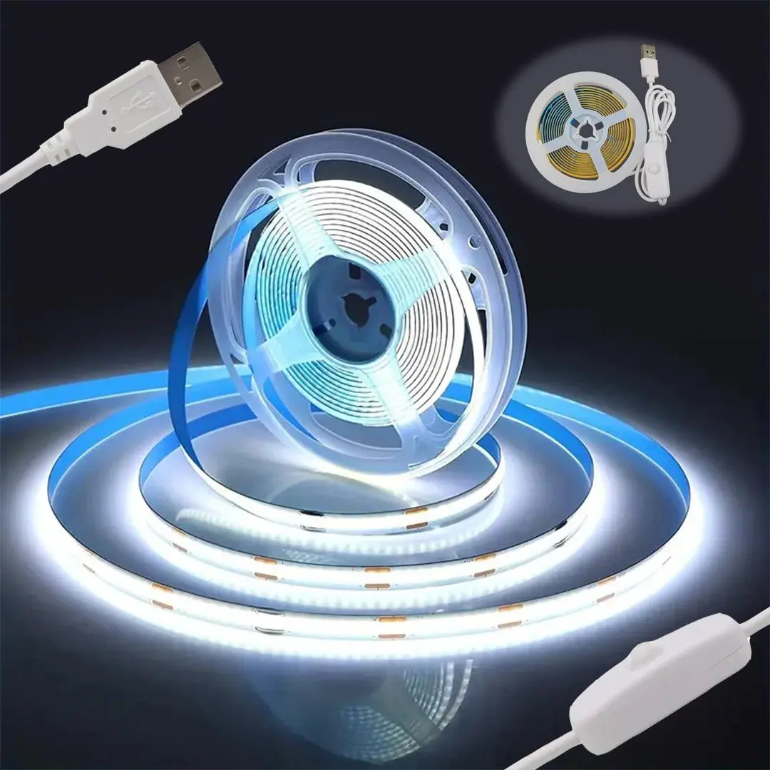 5V COB LED Strip Light, High Brightness LED Strip Light with USB Interface & Switch Button, Ideal for Home Lighting in Bedroom, Living Room, Kitchen, and Cabinets, Under Cabinet Lighting, Home Decor Lighting, Illuminating Led, Led Ambient Light