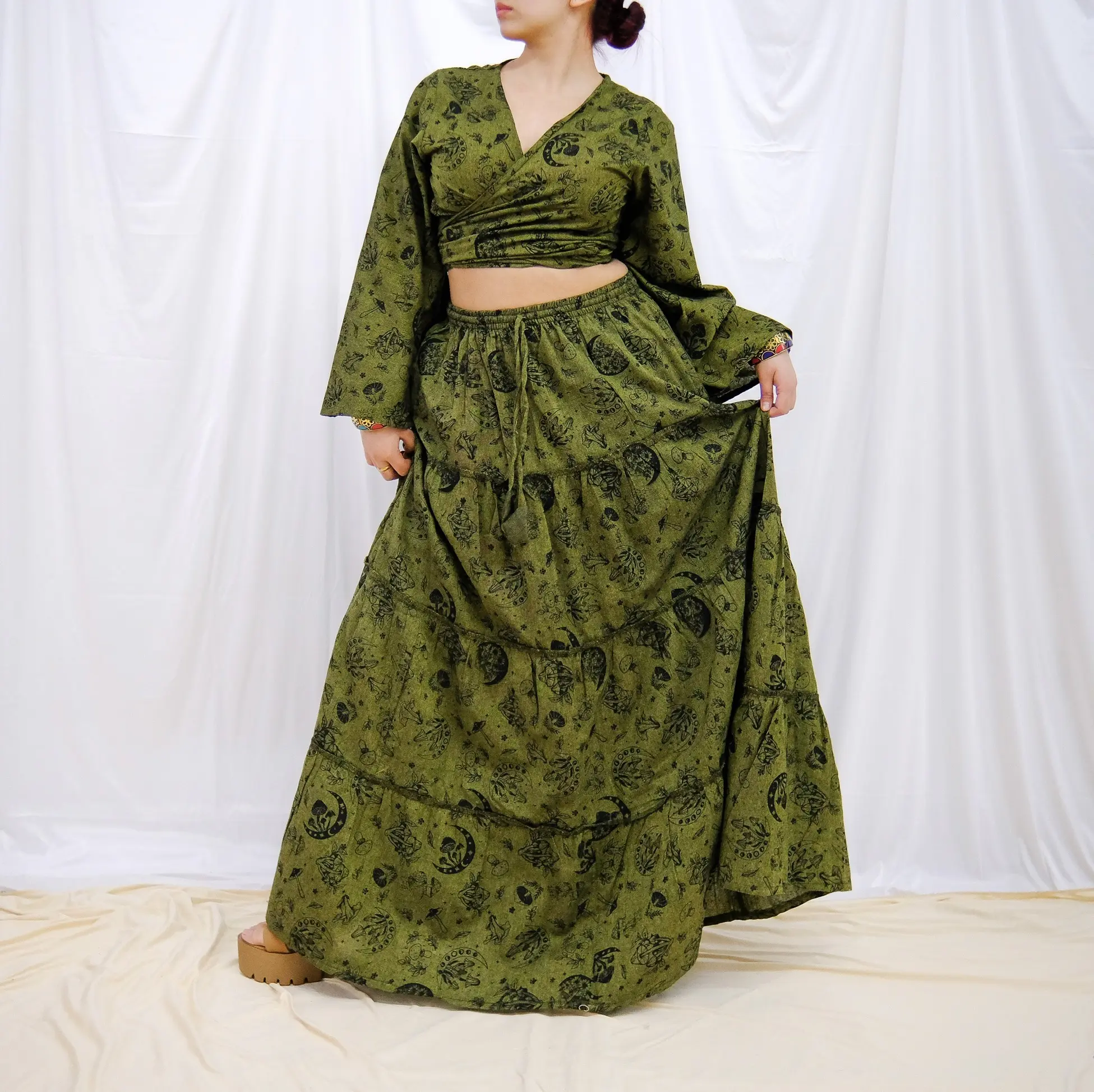 Flowy Cotton Long Skirt with Wrap Top, Tiered Summer Skirts with Pockets, Boho Hippie Outfits, Free Spirit Style, Mushroom Celestial Skirt, Whimsical Skirt Set, Whimsy Goth Outfit, Festival Fashion, 90s Style, Retro Fashion