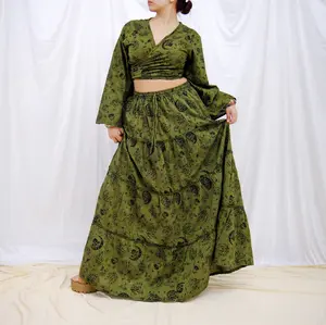 Flowy Cotton Long Skirt with Wrap Top, Tiered Summer Skirts with Pockets, Boho Hippie Outfits, Free Spirit Style, Mushroom Celestial Skirt, Whimsical Skirt Set, Whimsy Goth Outfit, Festival Fashion, 90s Style, Retro Fashion