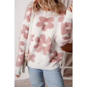 Women's White Textured Flower Drop Shoulder Loose Sweater