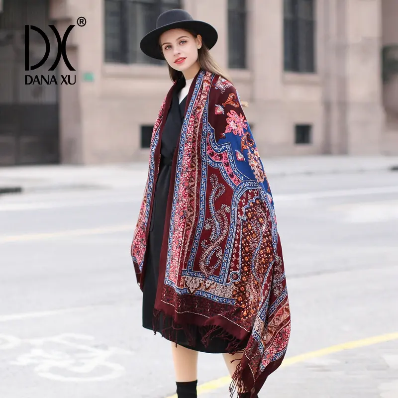 DANA XU 100% Merino Wool oversized Extra Large Pashmina Blanket Travel warm Scarf Cashmere Wrap for Women Fall Winter Oversize Shawl Floral