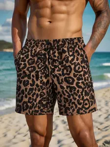 Men's Leopard Print Casual Shorts, Elastic Waist Drawstring Beach Shorts, Summer Streetwear Swimwear, Summer Swim Trunks for Men